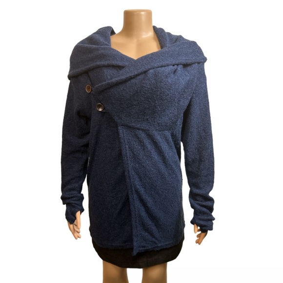 Sacred Threads Cardigan Sweater Plush Blue Coatigan Draped Thumb holes size M - Picture 12 of 12